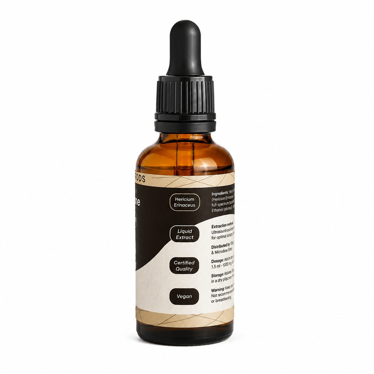 MB Superfoods Lion’s Mane Extract Drops 50ml Side Label MB Superfoods Lion's Mane Extract Drops 50ml side label showing Hericium erinaceus extract, liquid extract format, certified quality and vegan formula