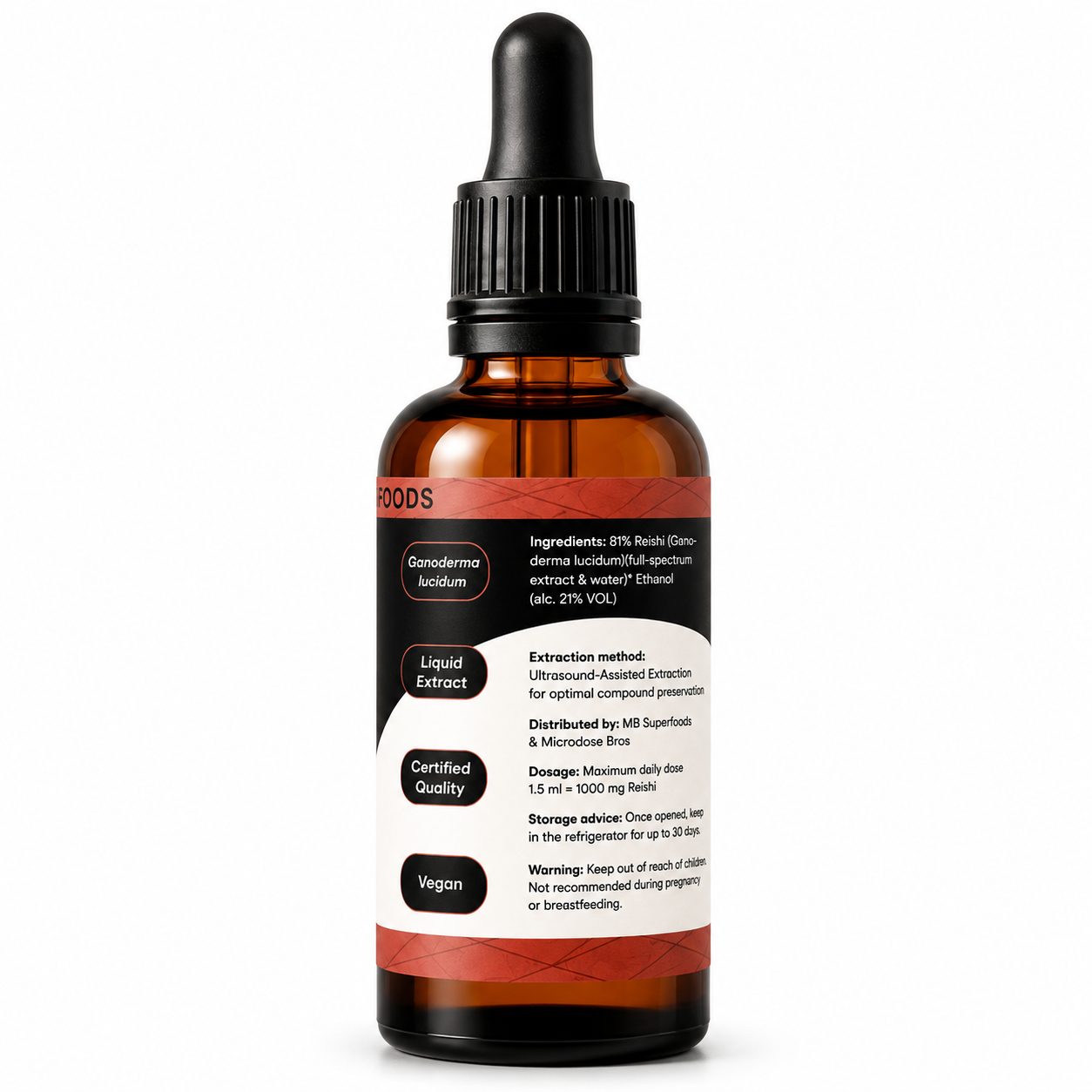 MB Superfoods Reishi Extract Drops 50ml Side Label MB Superfoods Reishi Extract Drops 50ml side label showing Ganoderma lucidum extract, vegan formula and premium quality features