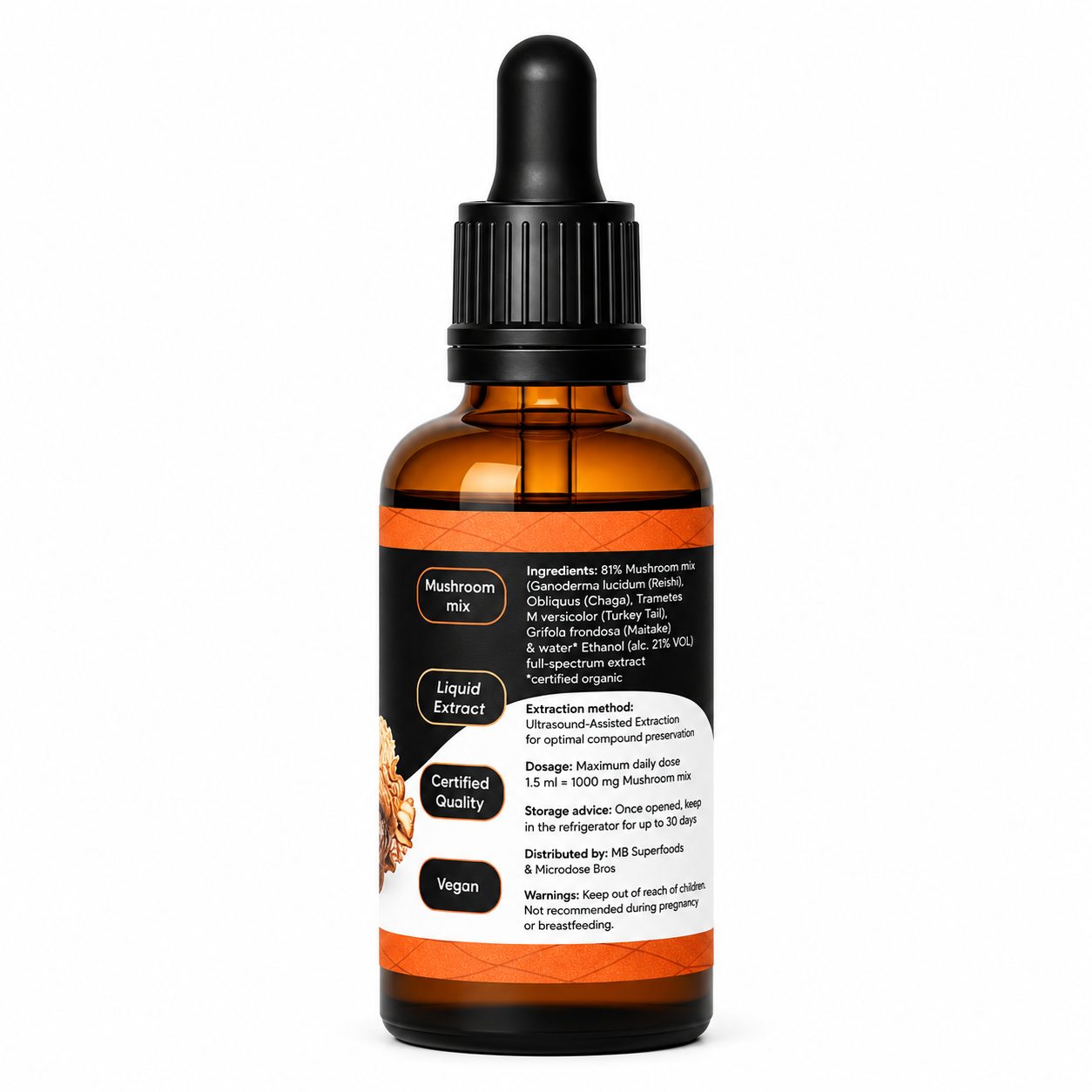 MB Superfoods Sacred 5 Extract Drops 50ml Back Label MB Superfoods Sacred 5 Extract Drops 50ml back label showing ingredients dosage and ultrasound-assisted extraction method