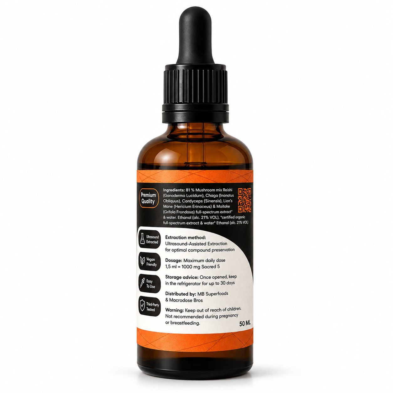 MB Superfoods Sacred 5 Extract Drops 50ml Back Label MB Superfoods Sacred 5 Extract Drops 50ml back label showing ingredients dosage and ultrasound-assisted extraction method